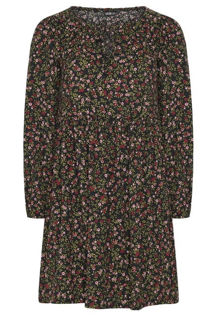 Yours Zwarte Jurk Met Kleine Bloemetjes En Strikhals Size 44