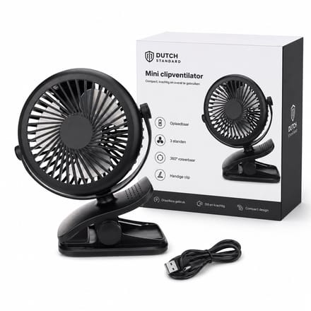 Mini Ventilator - Oplaadbaar - Met Clip - 3 Standen - Draadloos - USB - Zwart