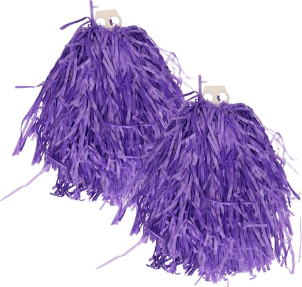 Cheerballs/pompoms - 2x - paars - met franjes en ring handgreep - 28 cm
