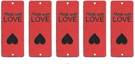 5 luxe PU lederen labels - Made with Love - Rood - Handgemaakt label set 5 stuks - 5 X 2 CM - vouwbaar