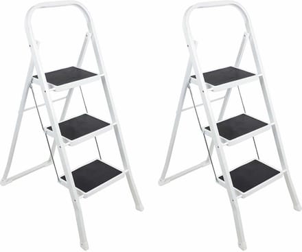 Inklapbare keukentrap - 2x stuks - wit/zwart - 3 treden - 105 cm - huishoudtrap - opvouwbaar