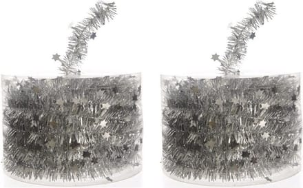 Decoris Kerstslinger - 2x - guirlande - met sterren - zilver - glanzende lametta - 700 cm