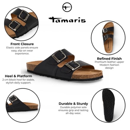 Tamaris herenslippers van zwart leer met instapzool en voetbed.