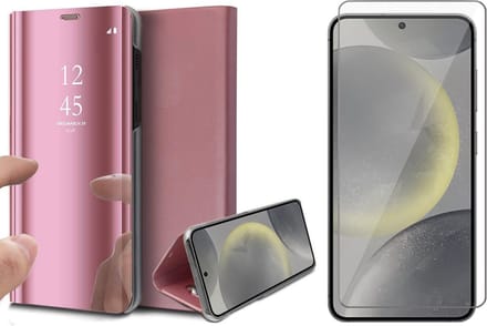 Hoesje geschikt voor Samsung Galaxy S24 Plus - Screenprotector Glas - Spiegel Book Case Rosegoud
