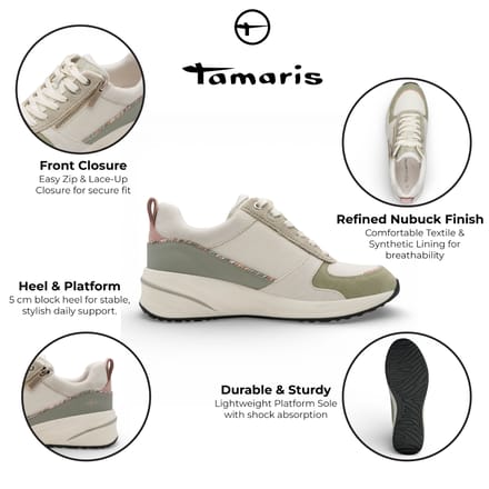 Tamaris dames witte en groene platform sneakers met ritssluiting en vetersluiting.