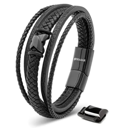 SERASAR Lederen Herenpolsbandje [Flake] - Zwart 17cm - Geweldig-Idee