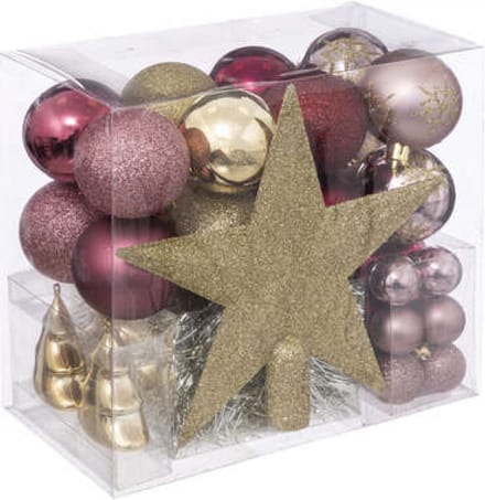 Kerstballenset 44 stuks - Goud/lichtroze/donkerroze -