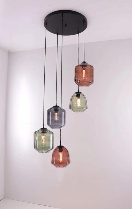 Hanglamp Videlamp 5 hangers gekleurd glas 380cm