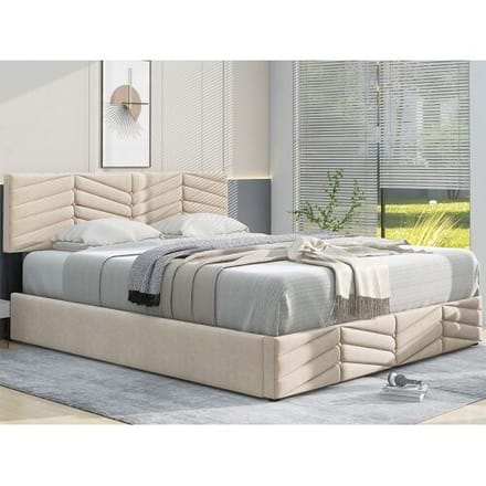 ModernLuxe Fluwelen opbergbed met lattenbodem + verstelbaar hoofdeinde - 140x200cm - Beige