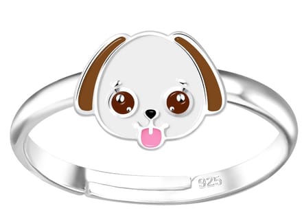 Joy|S - Zilveren hond ring - verstelbaar - hondje wit bruin - voor kinderen