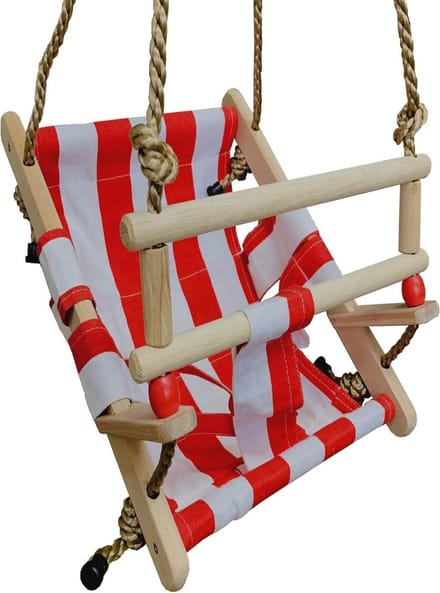 Houten en stoffen babyschommel in rood/wit