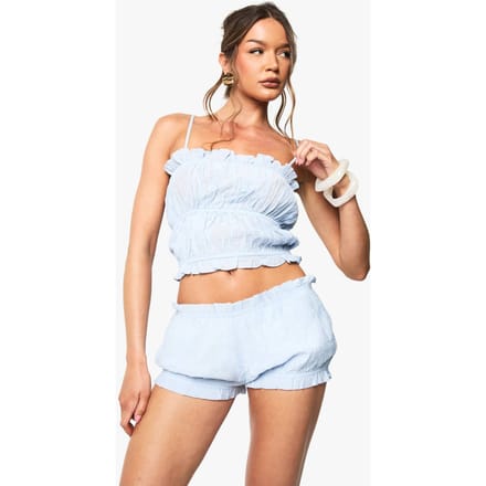 boohoo Dames Getextureerde streep-ruche shorts | Baby Blue | Maat: 8