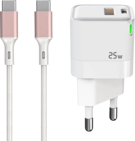 GB Mini Snellader 25W – USB-C + USB-A – Incl. 2m USB-C Kabel (Pink Sand) – Compact & Stevig – Voor iPhone 15 - 16, Samsung, iPad, MacBook & Meer