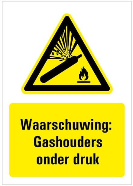 Waarschuwing voor gashouders onder druk sticker met tekst 148 x 210 mm