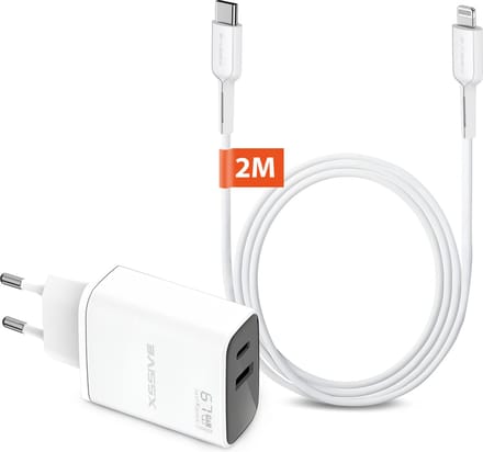 Snelle Oplader geschikt voor iPhone Lightning naar USB C Kabel - 2 Meter - 2 Poorten