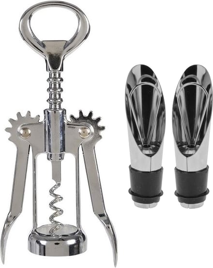 Hevel kurkentrekker/flessenopener rvs met 2x afsluit/schenk doppen