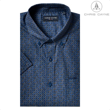 Chris Cayne overhemd - L - korte mouwen - blauw/lichtblauw/pompoen - borstzak - digitale print - Katoen - button down kraag