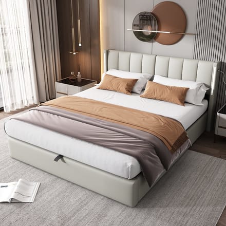 Sweiko Gestoffeerd bed - 140x200 cm - LED-verlichting - USB-poorten - Verstelbaar hoofdeinde - Grijs