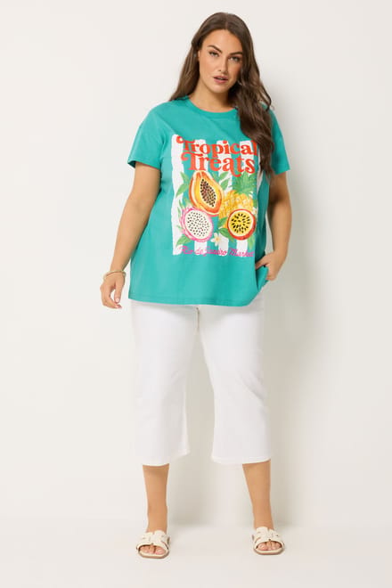 Yours Blauwgroen ‘Tropical Treats’ Tshirt Met Kralen Size 42