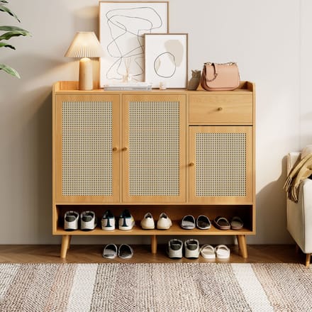 Schoenenkast - Rotan met 3 deuren, lade & 5 planken - 120x35x106 cm