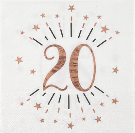 Santex Verjaardag feest servetten leeftijd - 10x - 20 jaar - rose goud - 33 x 33 cm