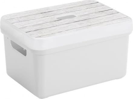 Sunware opslagbox - 13 liter - wit - kunststof - 35 x 25 x 18 cm - met afsluitbare deksel in houtnerf print