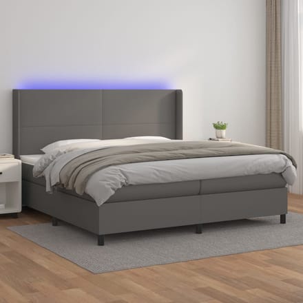 vidaXL - Boxspring - met - matras - en - LED - kunstleer - grijs - 200x200 - cm