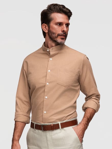 OMBRE Overhemd - Regular Fit - Linnen - Lange Mouw Koffie S
