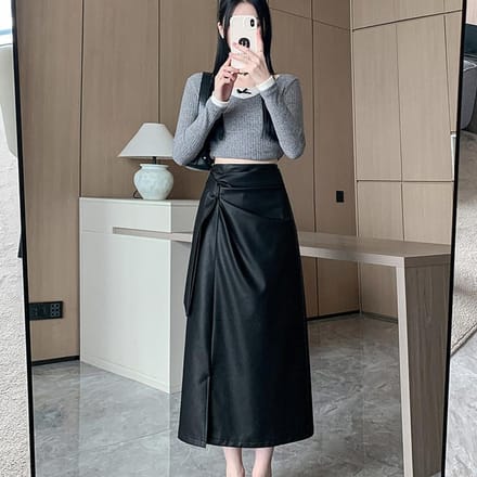 Koreaanse Stijl Hoge Taille Slanke A-lijn Rok Dames Split Medium-lengte Rechte Heup PU Leer Rok 4XL gray
