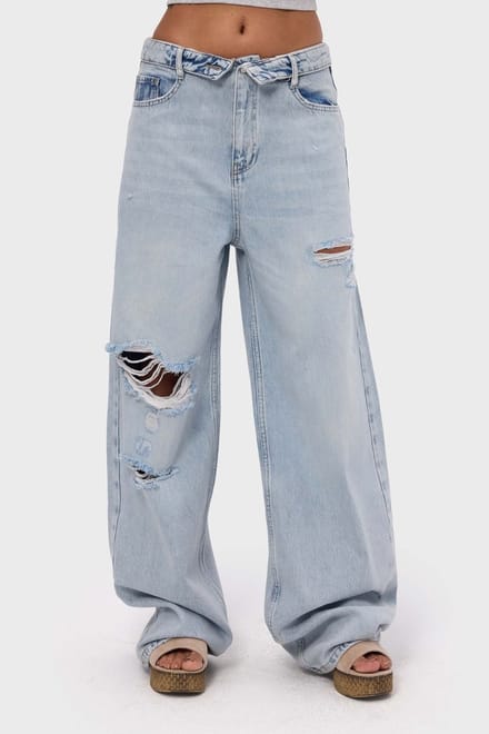 It's Basic - RIPPED STRAIGHT LOW RISE JEANS