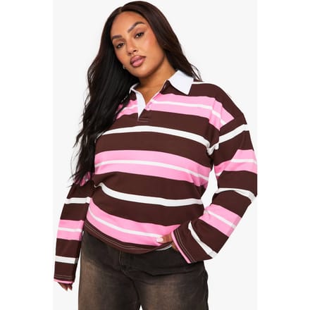 boohoo Dames Plus Breedgestreepte Rugbyshirt | Bordeaux Rood | Maat: 48