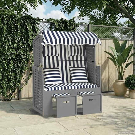 vidaXL - Strandstoel - met - kussens - poly - rattan - en - hout - blauw - en - wit