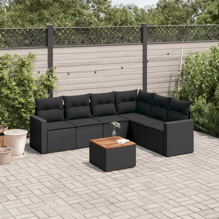 vidaXL - 7-delige - Loungeset - met - kussens - poly - rattan - zwart