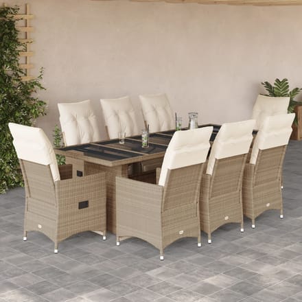 vidaXL - 9-delige - Bistroset - met - kussens - poly - rattan - beige