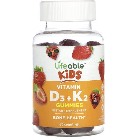 Gommes de Vitamine D3 + K2 pour Enfants, Saveur Naturelle Fraise, 60 Gommes