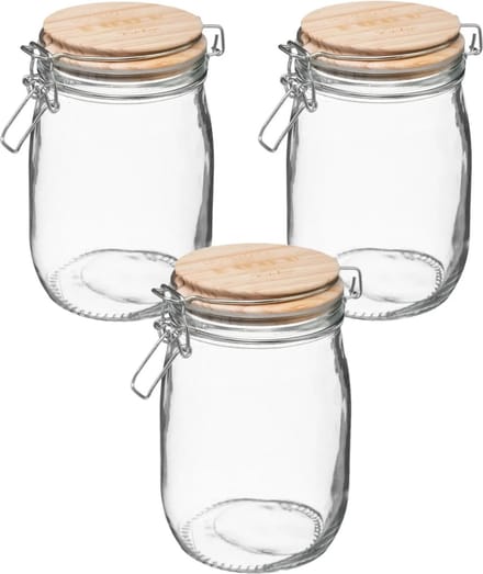 5Five Weckpot/voorraadpot - 3x stuks - 1L glas - houten deksel en beugelsluiting - luchtdichte afsluiting