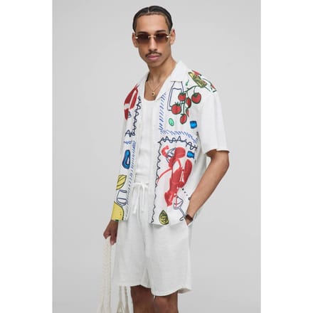 Oversized Linen Blend Conversational Printed Shirt & Short Set | Natural | Size Medium