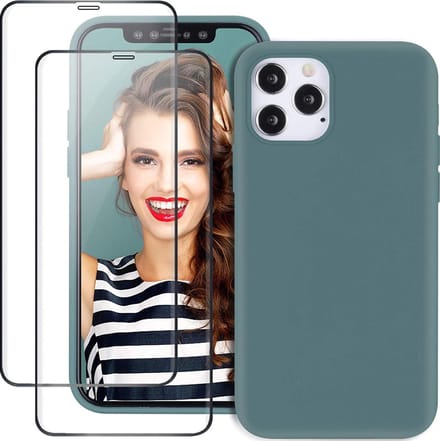 Backcover Hoesje Geschikt Voor: 12 Pro Max Liquid Silicone rubberen + 2X volledige Tempered screenprotector - Dennennaald Groen