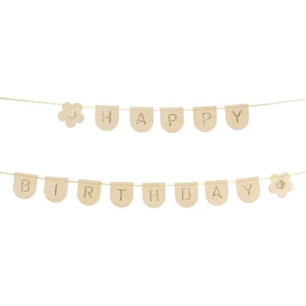 Vilten letterslinger "Happy Birthday" lichtroze en goud - lengte 3 meter
