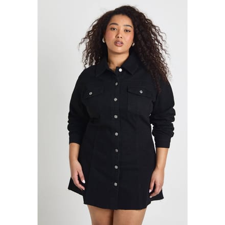 boohoo Dames Plus Denim Doorknoop Jurk | Black | Maat: 16