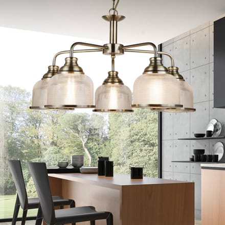Searchlight Hanglamp Bistro II 5-lamps messing/ribbelglas