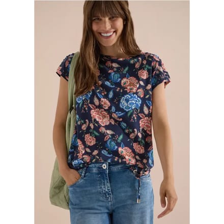 Shirt met korte mouwen, boothals en rimpels