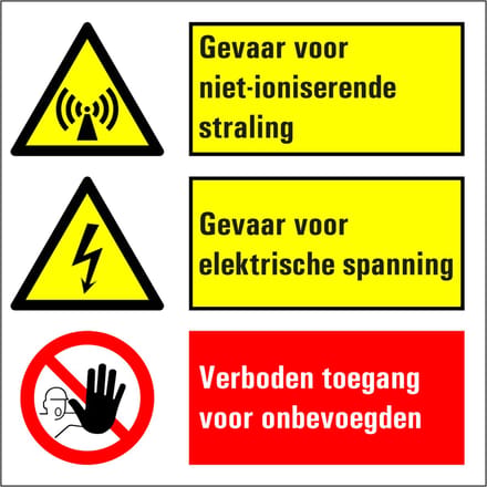 Gevaar voor elektrische spanning en ioniserende straling sticker 200 x 200 mm