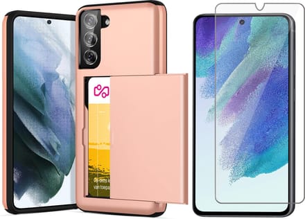 Hoesje met Pasjeshouder geschikt voor Samsung Galaxy S21 FE - Screen Protector GlassGuard - Back Cover SlideCase Roségoud & Screenprotector