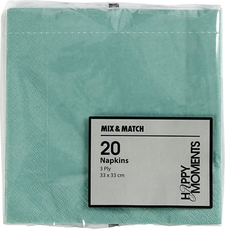 Servetten, witte achterkant, afm 33x33 cm, licht turquoise, 20 stuk