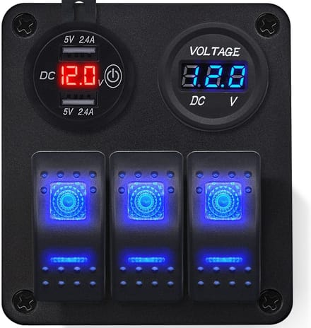 ProRide Schakelpaneel 12V voor Auto/Boot - USB Lader met Voltmeter/Ampèremeter - QC3.0 - 3 Schakelaars