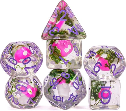 7-delige Polyhedrale Dobbelstenen Set (D&D RPG) - Uniek Ontwerp met Paddenstoel Inclusief