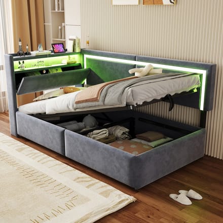 Gestoffeerd Slaapbank - 90 x 200 cm - Met LED-Verlichting USB Hoofdbord Openbaar Hydraulisch - Fluweel - Donkergrijs