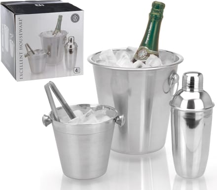 Excellent Houseware Bar set RVS 4 delig: wijnkoeler, shaker, ijsemmer en tang - OP = OP