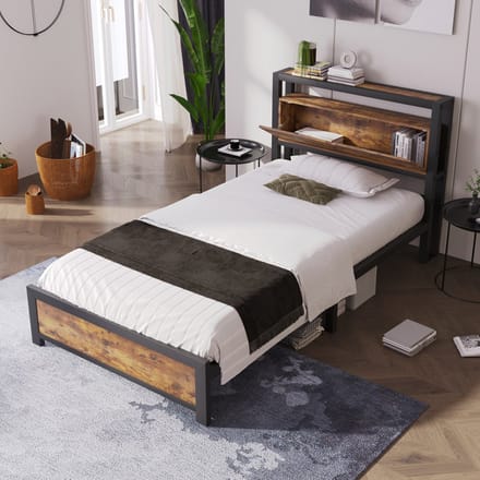 Metalen Bed Jeugdbed90x200-Opberg Hoofdeinde-Bedframe milieuvriendelijk